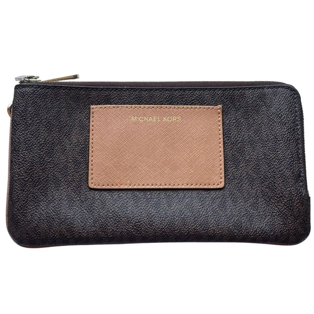 Michael Kors Bedford Double Zip Clutch Dark Brown Logo Signature Monogram